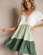 rosa Rochie Bej-Verde Decorată cu Dantelă la Decolteu Cu Croială Dreaptă Vikia
