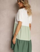 rosa Rochie Bej-Verde Decorată cu Dantelă la Decolteu Cu Croială Dreaptă Vikia