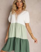 rosa Rochie Bej-Verde Decorată cu Dantelă la Decolteu Cu Croială Dreaptă Vikia