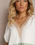 rosa Rochie Bej-Verde Decorată cu Dantelă la Decolteu Cu Croială Dreaptă Vikia