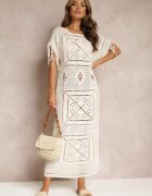 rosa Rochie Bejă Croșetată Maxi cu Franjuri și Mânecă Tip Liliac Yumoto