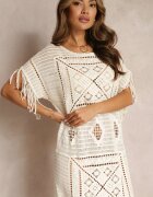 rosa Rochie Bejă Croșetată Maxi cu Franjuri și Mânecă Tip Liliac Yumoto