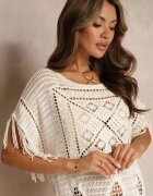 rosa Rochie Bejă Croșetată Maxi cu Franjuri și Mânecă Tip Liliac Yumoto