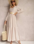 rosa Rochie bejă evazată tip cutie maxi cu nasturi decorativi Nervatti