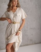 rosa Rochie Bejă Stil Cămașă Midi din Bumbac cu Elastic în Talie și Curea Împletită Emera