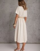 rosa Rochie Bejă Stil Cămașă Midi din Bumbac cu Elastic în Talie și Curea Împletită Emera