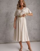 rosa Rochie Bejă Stil Cămașă Midi din Bumbac cu Elastic în Talie și Curea Împletită Emera