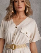 rosa Rochie Bejă Stil Cămașă Midi din Bumbac cu Elastic în Talie și Curea Împletită Emera