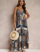 rosa Rochie Bleu Marin din Viscoză cu Croială Tip Petrecută cu Imprimeu Patchwork Grehan