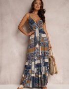 rosa Rochie Bleu Marin din Viscoză cu Croială Tip Petrecută cu Imprimeu Patchwork Grehan