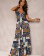 rosa Rochie Bleu Marin din Viscoză cu Croială Tip Petrecută cu Imprimeu Patchwork Grehan