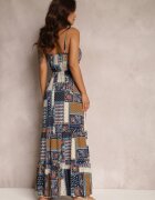 rosa Rochie Bleu Marin din Viscoză cu Croială Tip Petrecută cu Imprimeu Patchwork Grehan