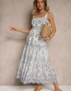 rosa Rochie Bleumarin-Albă din Bumbac cu Model Brodat Sadiralle