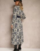 rosa Rochie bleumarin-bej cu decolteu petrecut din viscoză și motiv boho decorată cu o curea Rinnaria