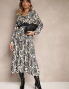rosa Rochie bleumarin-bej cu decolteu petrecut din viscoză și motiv boho decorată cu o curea Rinnaria