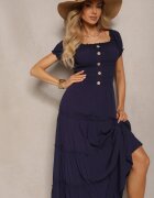 rosa Rochie Bleumarin Evazată Maxi cu Decolteu Spaniol Kailra