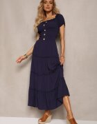 rosa Rochie Bleumarin Evazată Maxi cu Decolteu Spaniol Kailra