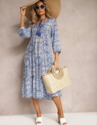 rosa Rochie Boho Albastră evazată cu legătură la decolteu și volane Dimasie