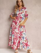 rosa Rochie Cămașă Albă cu Despicătură Florală Yamone