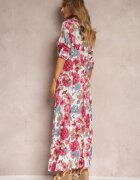 rosa Rochie Cămașă Albă cu Despicătură Florală Yamone