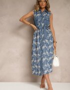 rosa Rochie Cămașă Albastră cu Cordon Legat și Broderie Malenea