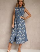 rosa Rochie Cămașă Albastră cu Cordon Legat și Broderie Malenea