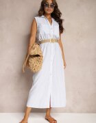 rosa Rochie cămașă Albastră din Bumbac Fără Mâneci cu Centură și Elastic în Talie Zalorea