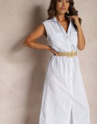 rosa Rochie cămașă Albastră din Bumbac Fără Mâneci cu Centură și Elastic în Talie Zalorea