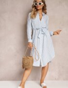 rosa Rochie cămașă Albastru deschis din Bumbac cu Dungi și Curea Legată Mayreli