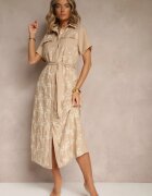 rosa Rochie cămașă bej cu cordon legat decorată cu broderie Malinnessa