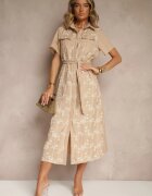 rosa Rochie cămașă bej cu cordon legat decorată cu broderie Malinnessa