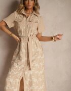 rosa Rochie cămașă bej cu cordon legat decorată cu broderie Malinnessa