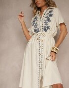 rosa Rochie Cămașă Bej din Bumbac cu Broderie Decorativă Saviressa