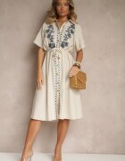 rosa Rochie Cămașă Bej din Bumbac cu Broderie Decorativă Saviressa