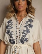 rosa Rochie Cămașă Bej din Bumbac cu Broderie Decorativă Saviressa