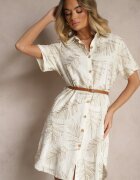 rosa Rochie Cămașă Bej din bumbac cu curea și motiv frunze Paredia