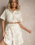 rosa Rochie Cămașă Bej din bumbac cu curea și motiv frunze Paredia