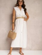 rosa Rochie cămașă Bej din Bumbac Fără Mâneci cu Curea și Elastic în Talie Zalorea