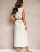 rosa Rochie cămașă Bej din Bumbac Fără Mâneci cu Curea și Elastic în Talie Zalorea