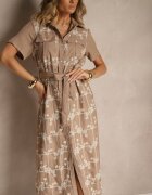 rosa Rochie cămașă Bej închis cu cordon legat decorată cu broderie Malinnessa
