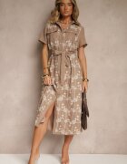 rosa Rochie cămașă Bej închis cu cordon legat decorată cu broderie Malinnessa
