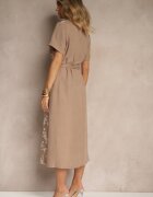 rosa Rochie cămașă Bej închis cu cordon legat decorată cu broderie Malinnessa