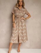 rosa Rochie cămașă Bej închis cu cordon legat decorată cu broderie Malinnessa