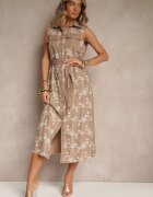 rosa Rochie Cămașă Bej închis cu Cordon Legat și Broderie Malenea