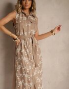 rosa Rochie Cămașă Bej închis cu Cordon Legat și Broderie Malenea