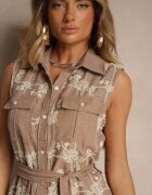 rosa Rochie Cămașă Bej închis cu Cordon Legat și Broderie Malenea