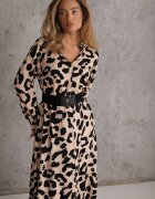 rosa Rochie cămașă Bej-Neagră cu imprimeu leopard și centură Canahy