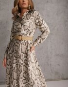 rosa Rochie Cămașă Bej Snake Print din Viscoză și Curea Bririn
