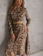 rosa Rochie Cămașă Maro Snake Print cu Vâscoză și Curea Bririn
