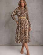 rosa Rochie Cămașă Maro Snake Print cu Vâscoză și Curea Bririn